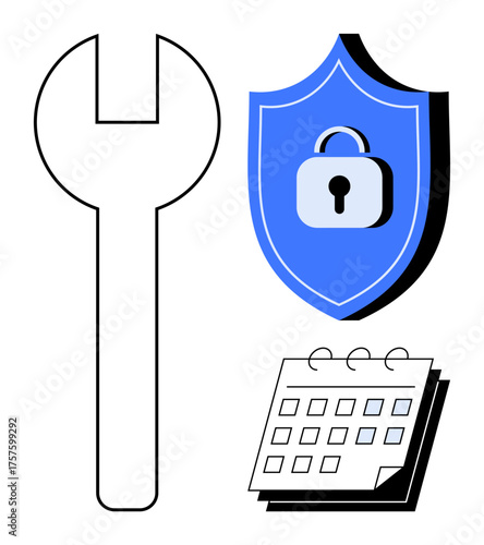 Wrench, shield with a lock, and a calendar representing protection, strategy, and organization. Ideal for maintenance, security, planning, scheduling system updates management simple flat metaphor