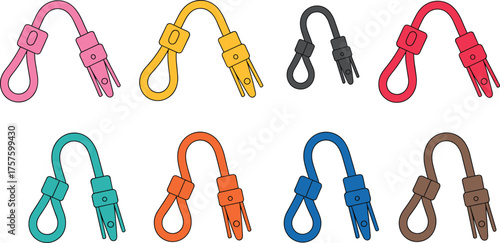 Colorful cable tie strap collection, plastic loop fastener clip set, adjustable locking band, reusable wire organizer, flat vector illustration