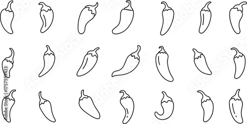 Chili pepper icon set, black outline vegetable, spicy food symbols, hand drawn style, editable vector, isolated, flat design