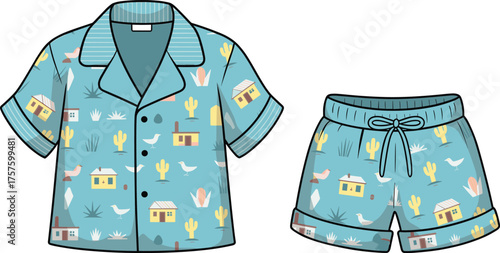 Desert-themed pajama set, light blue shirt and shorts, playful kids sleepwear, flat vector illustration, whimsical children's clothing, bedtime fashion clipart
