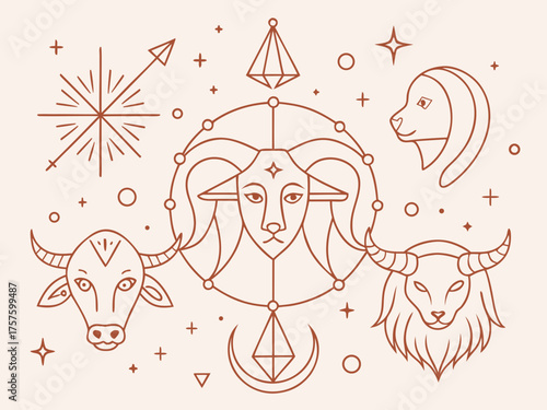 Minimalist zodiac animals illustration with astrological symbols in line art