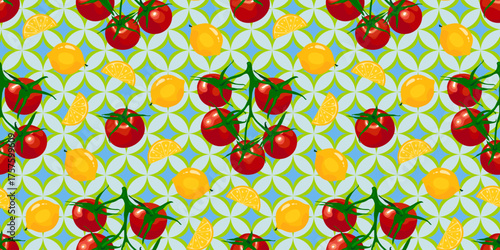 Playful vibrant fruit pattern with red tomatoes and lemons on a geometric ornamental tile mint green background. Perfect for summer, food, and garden themed design