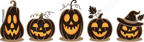 Halloween pumpkin faces, spooky jack-o'-lanterns, carved pumpkins row, festive autumn decoration, witch hat pumpkin, cartoon style, flat vector illustration