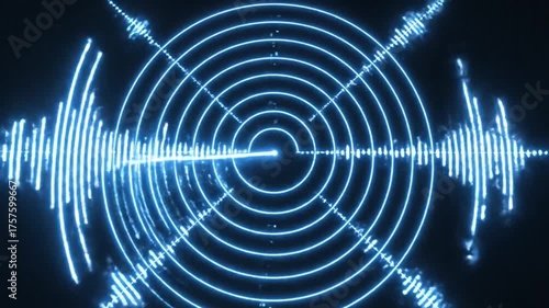 A vibrant blue radar screen displays concentric circles and waveforms, representing sound or signal analysis