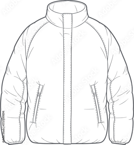 Puffer jacket technical drawing, fashion garment blueprint, insulated coat design, apparel construction sketch, textile engineering diagram, flat vector illustration