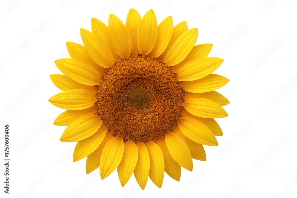 Fototapeta premium Sunflower head with bright yellow petals and brown center showing summer nature happiness, transparent background