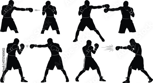 Silhouette illustration of boxers in various punching stances, boxing training, fighting sport action, strength and power, athletic movement, competitive combat, vector art