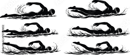 Silhouette illustration of swimmers performing freestyle stroke in water, competitive swimming, sports training, athletic performance, strength, endurance, movement, fitness concept, vector art