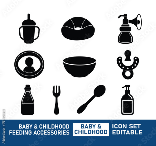 Baby & Childhood Feeding Accessories icon Set, teether, sippy cup, nursing pillow, breast pump, bottle warmer