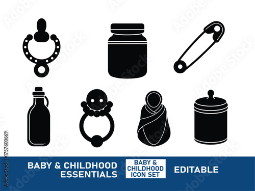 Baby & Childhood Essentials icon Set, baby food jar, baby formula tin, baby pacifier chain