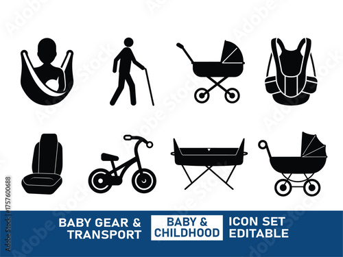 Baby & Childhood Gear & Transport icon Set, baby carrier, baby pram, baby sling, baby stroller