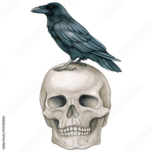 watercolor hand drawn skull and crow isolated on white background, png, ai generated