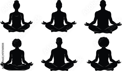 Silhouette illustration of diverse people practicing meditation, sitting in lotus position, calm and peaceful yoga pose, mindfulness, wellness, relaxation, fitness concept, vector art