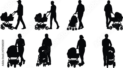 Silhouette illustration of parents walking with baby strollers, family bonding, childcare, outdoor activity, parenthood, love, togetherness, parenting lifestyle, urban city walk, daily routine.