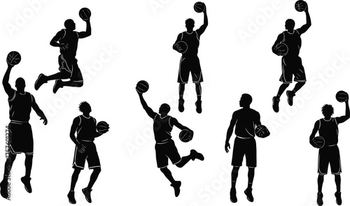 Silhouette illustration of basketball players jumping and dunking, active sports movement, athlete action, team competition, slam dunk, training performance, strength,  