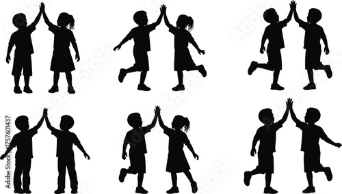 Silhouette illustration of happy children giving high five together, symbolizing friendship, teamwork, unity, celebration, childhood joy, cooperation, success, positive energy, fun moment.