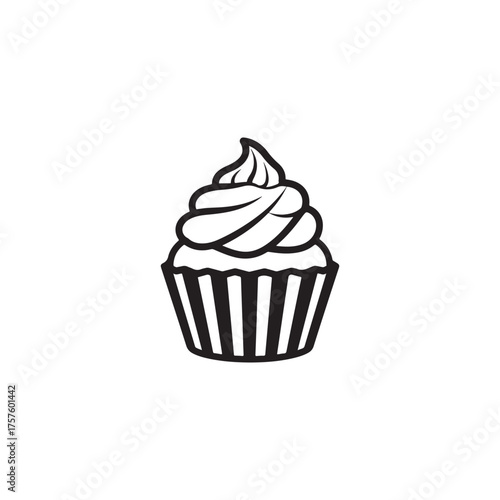Simple black and white outline illustration of a cupcake with swirled frosting