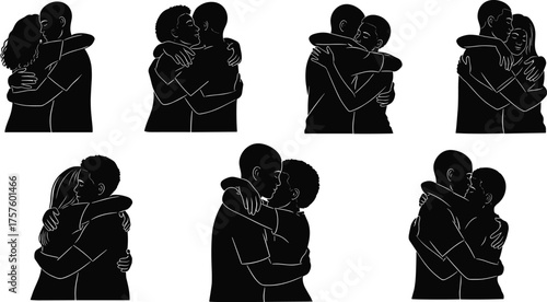 Silhouette illustration of people hugging each other, expressing love, friendship, care, support, emotional bonding, warmth, togetherness, compassion, comfort, affection, strong human connection.