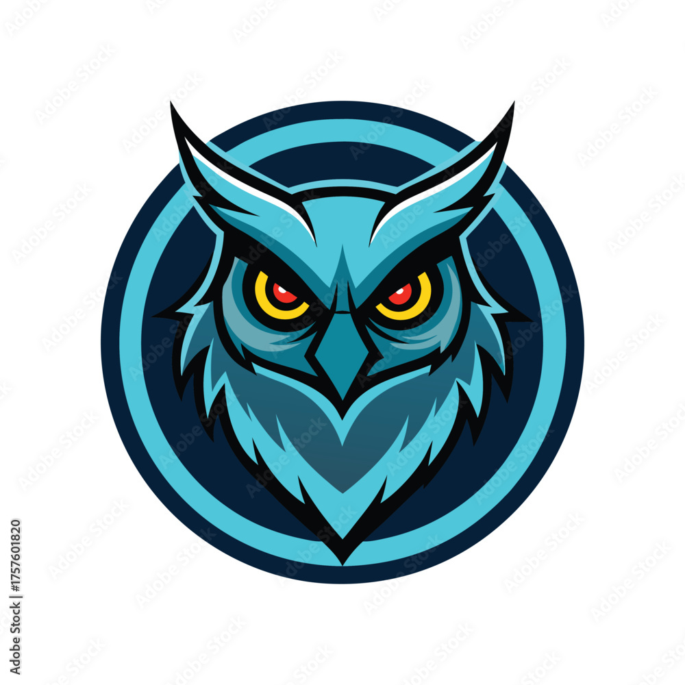 Fototapeta premium Intense teal and blue owl mascot with fiery orange eyes in a circular emblem