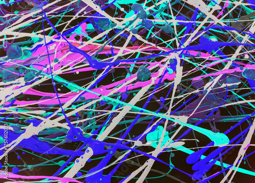 An abstract dark background created with acrylic and latex paints. Black, blue, purple, and gray splashes of paint. Abstract expressionism.