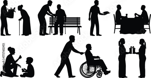 Silhouette of people helping and caring for each other, charity, kindness and support concept, black and white vector illustration, community flat design art