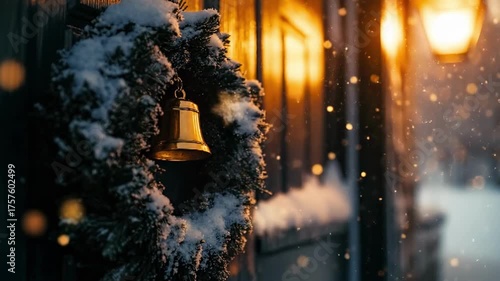 Snow-covered Christmas wreath with bell hanging on door at dusk
