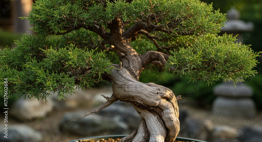 Fototapeta premium Majestic Twisted Juniper Bonsai Tree Trunk In A Serene Japanese Garden Setting