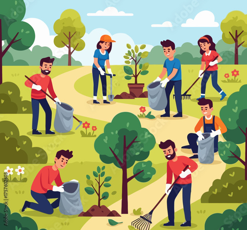 Flat design, young men and women working together to clean the park