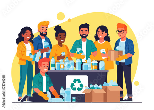 Flat design, a group of young people collect used bottles for recycling