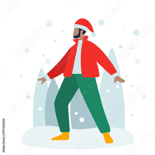 Vector flat design, a man wearing a Santa Claus costume on Christmas day