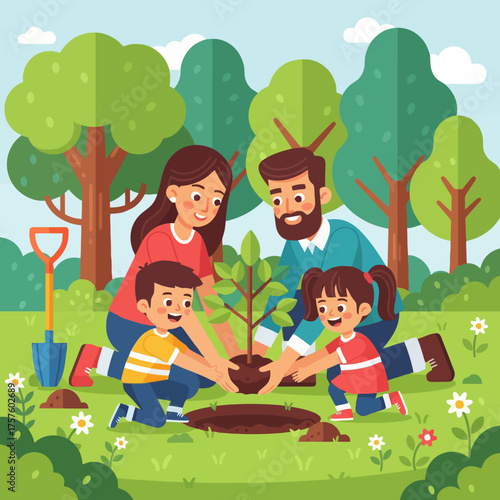 A happy family is planting small trees for greening.
