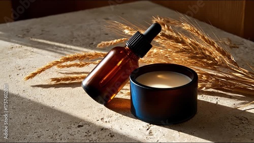 An amber dropper bottle a dark candle jar and dried wheat stalks on a sunlit textured surface
