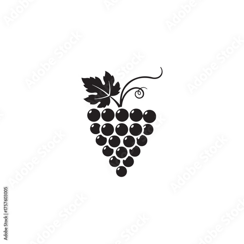 A black silhouette of a bunch of grapes with a leaf and stem