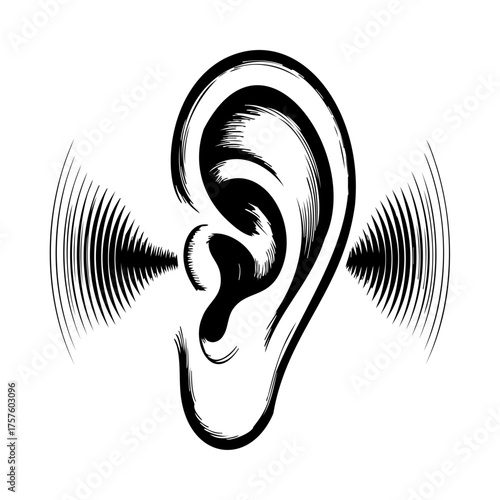 Human ear with sound waves vector illustrating hearing and communication
