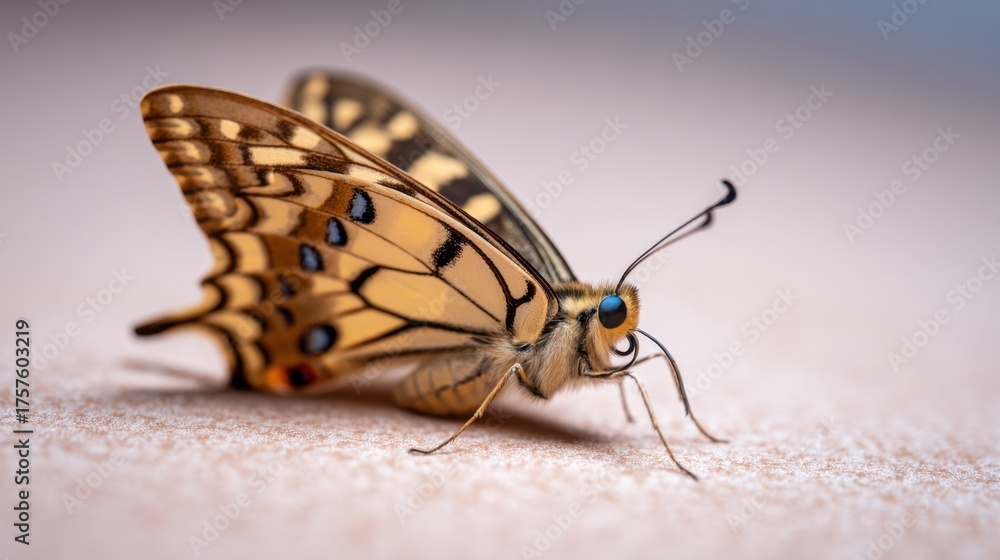 Fototapeta premium Close-up of a vibrant butterfly resting on a textured surface, showcasing intricate wing patterns and colors