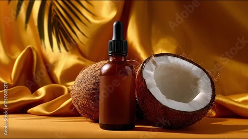 An amber dropper bottle stands between a whole and a halved coconut on a golden surface with draped fabric