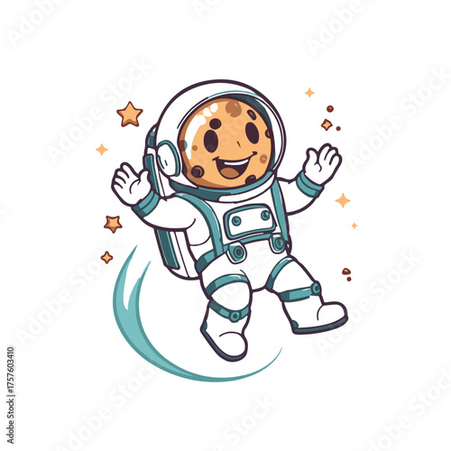 Cute cartoon chocolate chip cookie character wearing a white astronaut suit floating in outer space with stars and a comet trail