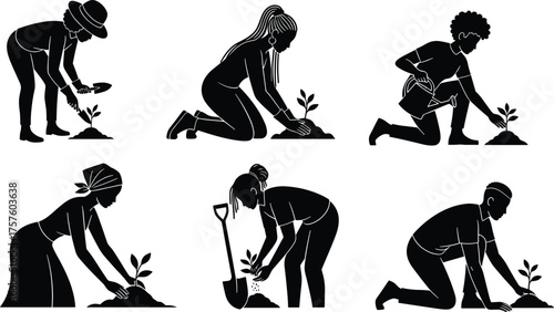 Silhouette of people planting trees and watering plants, black and white vector illustration, environmental care, gardening, sustainability concept, eco-friendly lifestyle design
