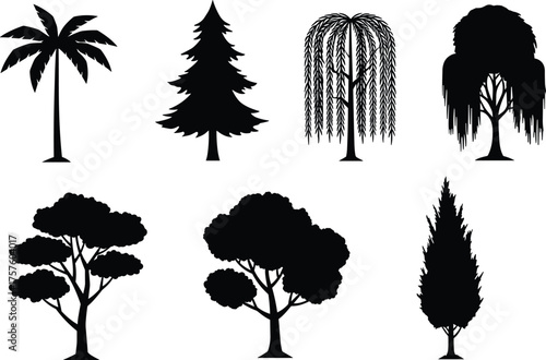 Black silhouette vector illustration of diverse tree types including palm, pine, willow, deciduous, and cypress for decorative, educational, seasonal design