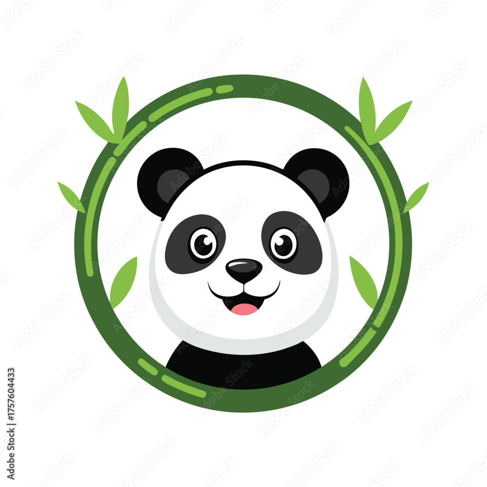 Obraz premium Adorable cartoon panda face peeking through a circular bamboo frame with green leaves