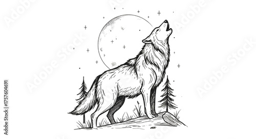 Howling Wolf and Full Moon Line Art Illustration Vector  Tattoo Style Wildlife Drawing