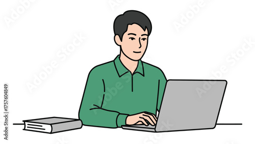 Man working on a laptop at his desk vector illustration in simple line art style suitable for business and education concepts