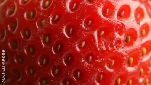 Close-up view of a ripe strawberry showcasing its vibrant red color and textured surface details