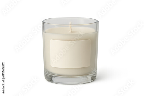 White candle in glass jar with blank label
