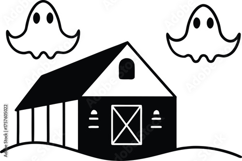 ghosts floating above haunted barn illustration on transparent background
