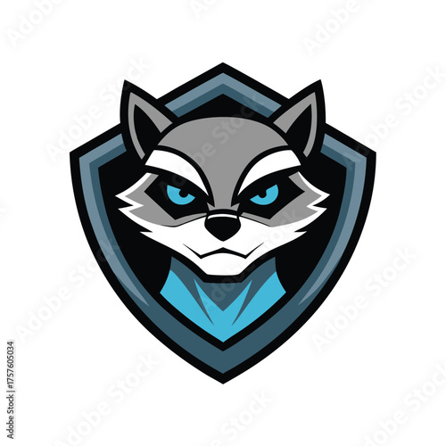 Aggressive raccoon mascot with piercing blue eyes inside a protective shield emblem
