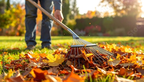 Person raking fallen autumn leaves on a lush green lawn on a sunny day, backyard with trees in golden light