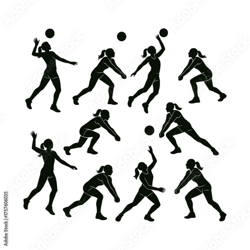 Dynamic silhouettes of volleyball players in action capturing game momentum and athletic prowess vector