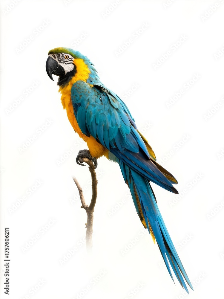 Fototapeta premium Blue-and-Yellow Macaw Perched on Branch Isolated on WhiteDESCRIPTION: A magnificent full-body portrait of a Blue-and-Yellow Macaw (Ara ararauna), showcasing its vibrant plumage of brilliant blue and