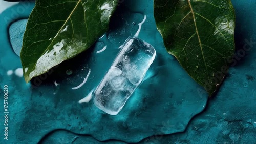 An overhead view of a rectangular ice block melting on a textured wet teal surface framed by two large glossy green leaves